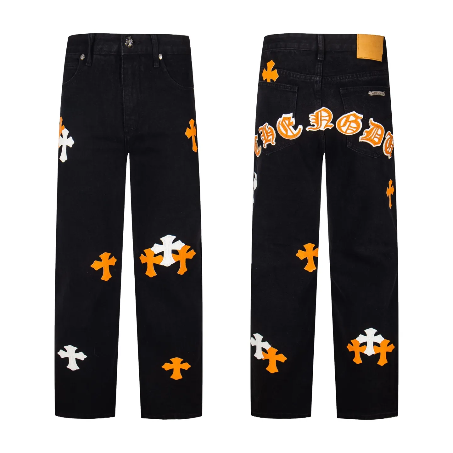 P260 Chrome Hearts Black Pants Sanskrit Yellow Patch Leather Jeans CH jeans need to be washed after the finished product is disassembled and then hand-stitched with sheepskin cross leather and then spliced ​​to complete. The whole piece has too many craftsmanship to explain. The patchwork is decorated with cross patterns, and the high-waisted washed jeans! ! Absolutely high-end luxury products, god-level single products and super popular products, made with top heavy industry, a must-see magic weapon. Customized hardware. The fabric is thick and soft after washing. It has good breathability. Customized small leather label. Unique design. The details are simple and elegant, and the workmanship is exquisite. The entire trousers are neatly routed and the details are in place! It’s so cool that both men and women can easily control the genderless trend! Style number: 1874# Color: black Size: 28 30 32 34